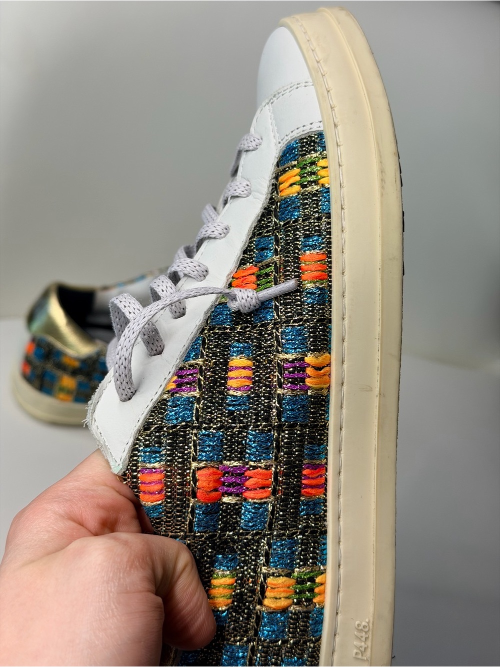 Rare P448 Women’s Size 5.5-6 White Multi-Color Lace-Up Sneakers with Gold Heel